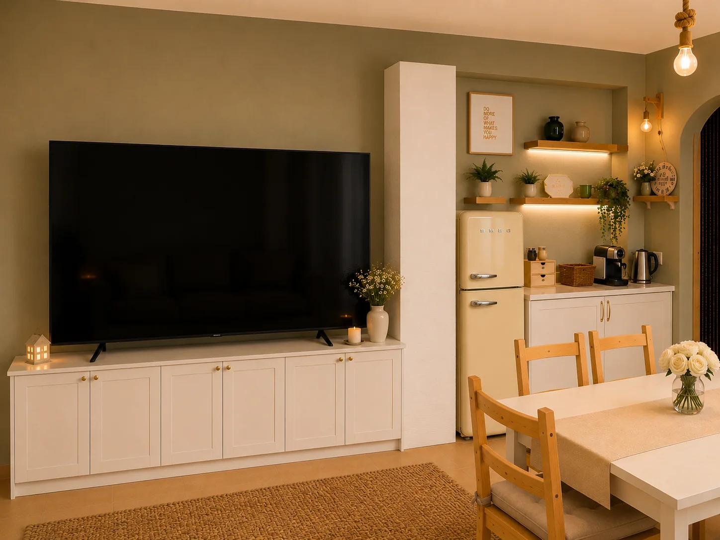 Zona living con tavolo, TV e angolo caffe' di Villa Lunaris